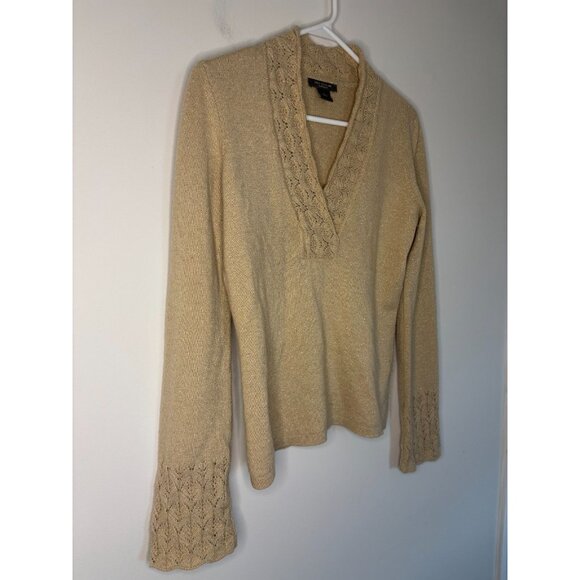ANN TAYLOR CASHMERE V-Neck Sweater Womens S Gold Metallic Crochet Knit Stretch - Picture 3 of 6
